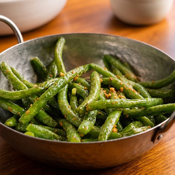 Sautéed green beans topped with garlic bits in a silver bowl on a wooden surface.