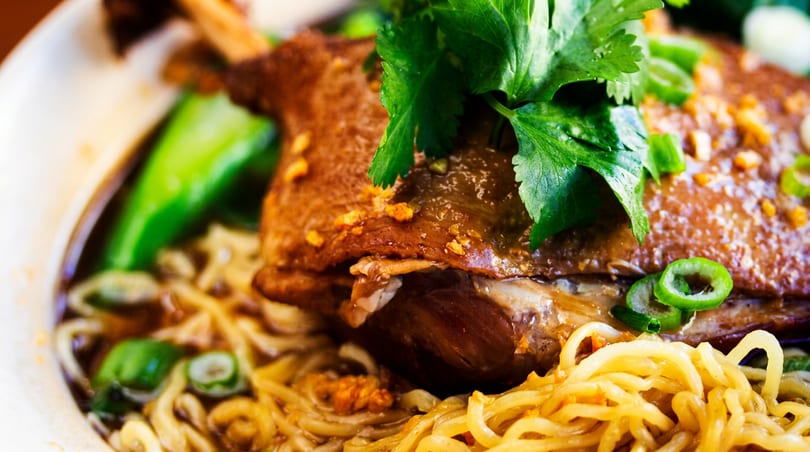 Close-up of a duck leg over noodles with green onions and cilantro in a bowl.