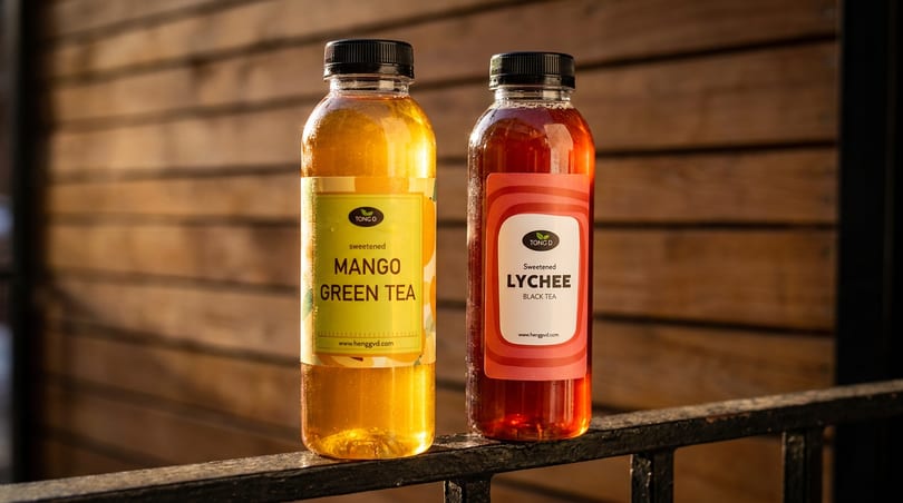 Two Tong D bottled teas, mango green and lychee black, on a railing with a wooden background.