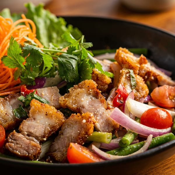 Crispy pork belly salad with fresh vegetables, including carrots, lettuce, and tomatoes, in a black bowl.