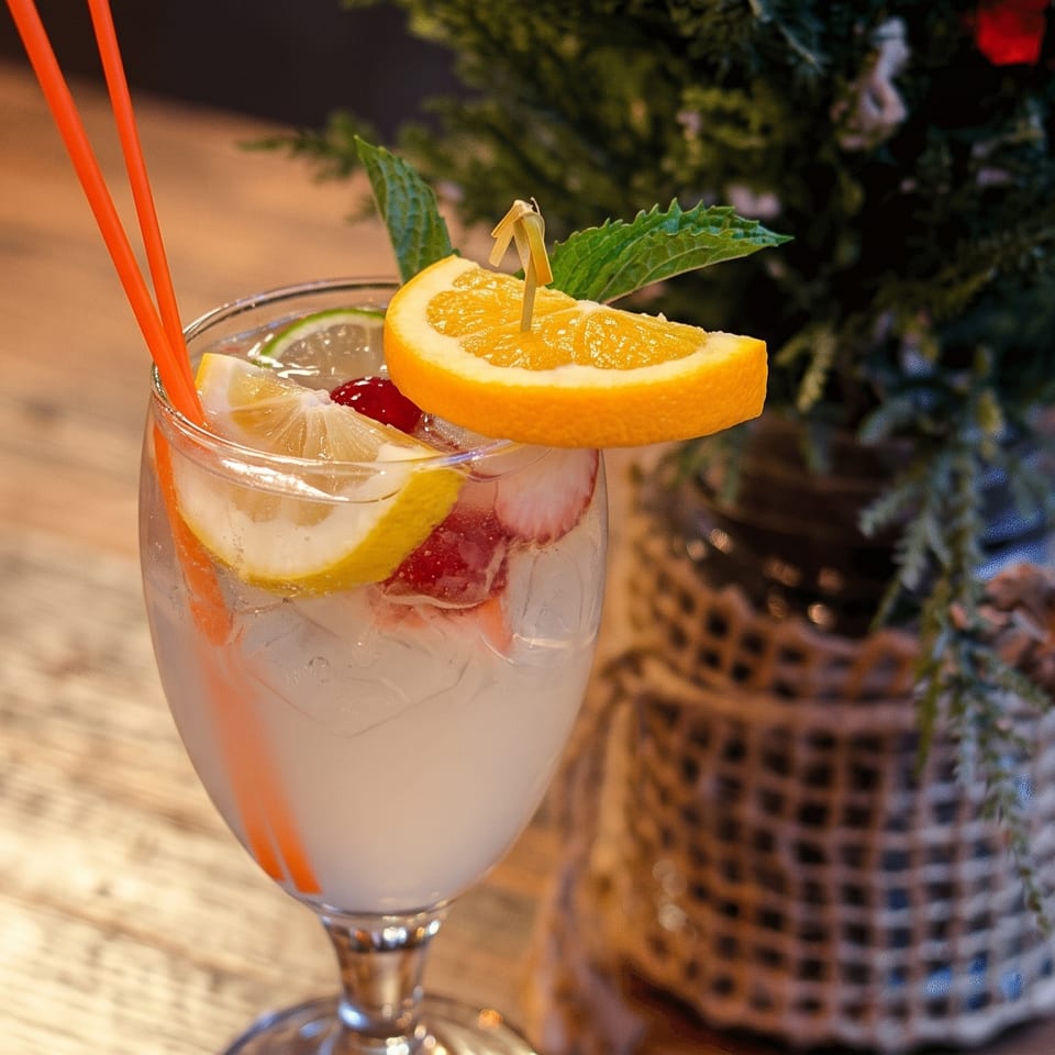 Refreshing drink with lemon, orange, strawberries, and mint on a wooden table next to a plant.